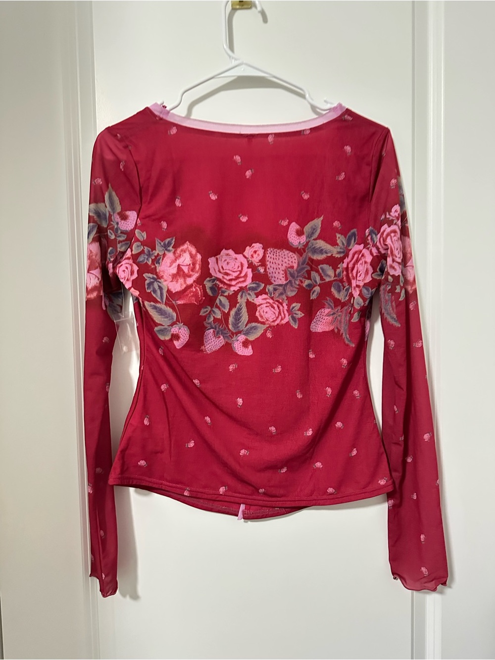 Free People x Revolve Small Top Raspberry Floral Sheer Button Long-Sleeve Top - Picture 12 of 12